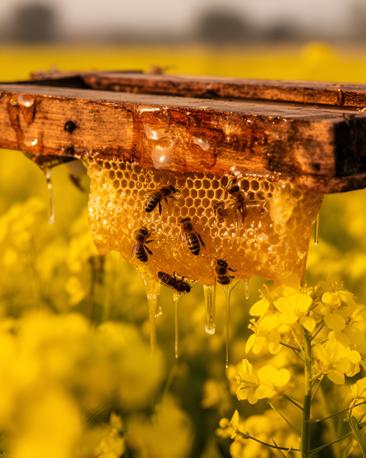 Honeybees on a dripping honeycomb above a field of yellow mustard flowers