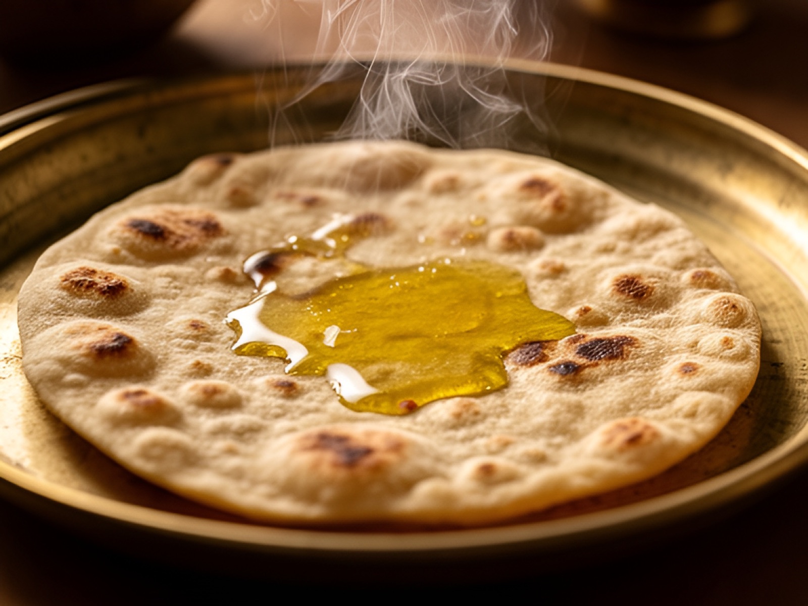 A hot phulka with a spoon of golden ghee melting on a brass plate