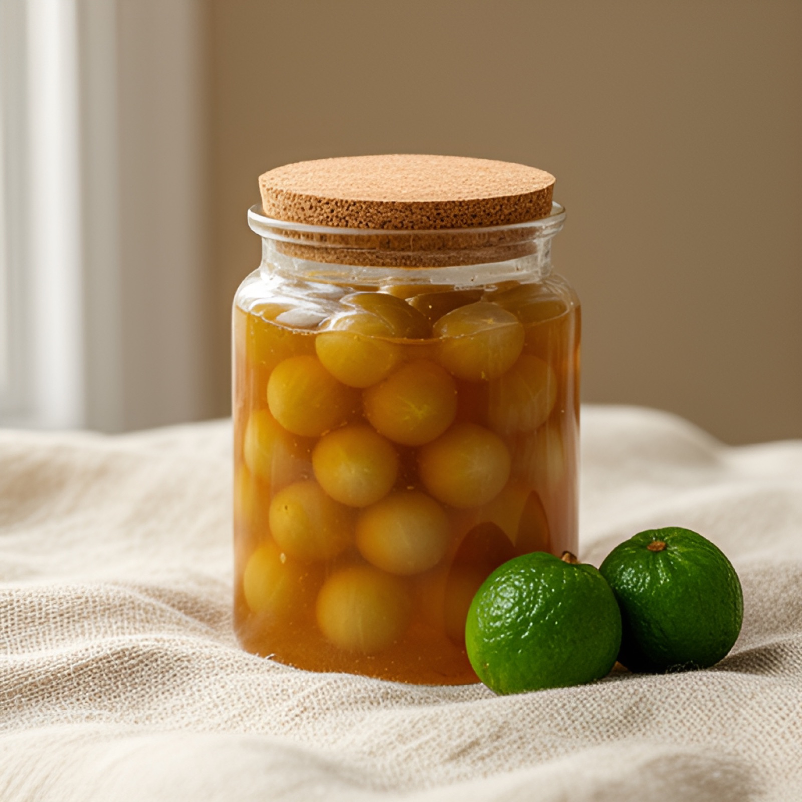 Amla Murabba in a glass jar with cork lid