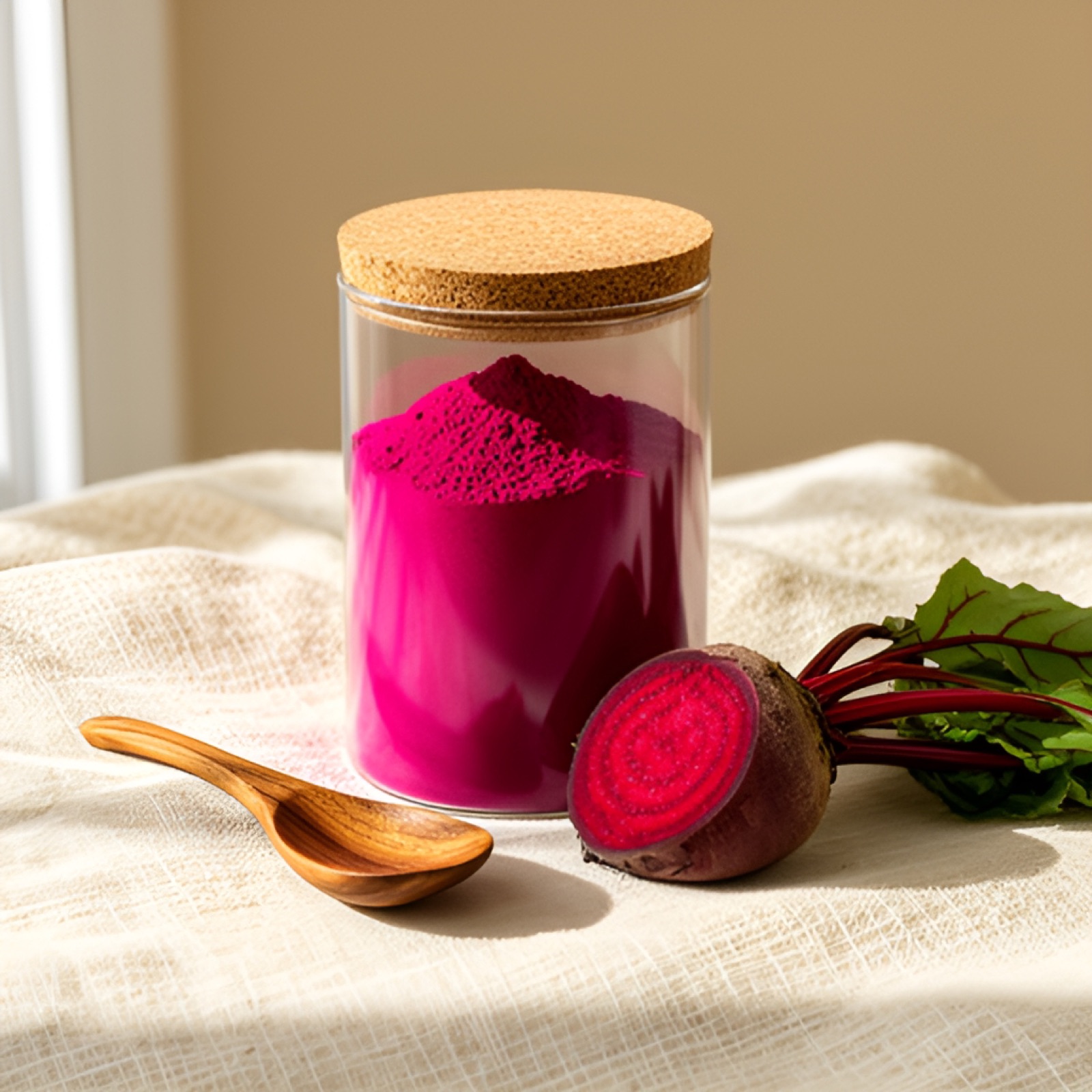 Beetroot Powder in a glass jar with cork lid