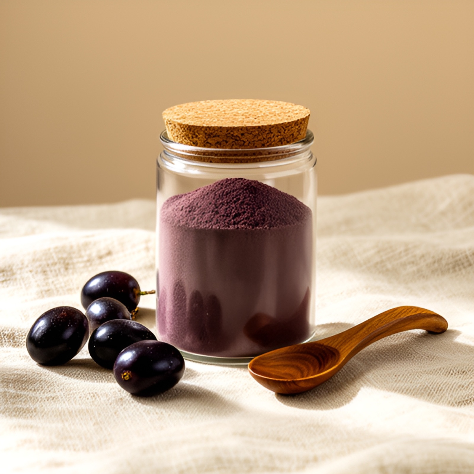 Jamun Seed Powder in a glass jar with cork lid