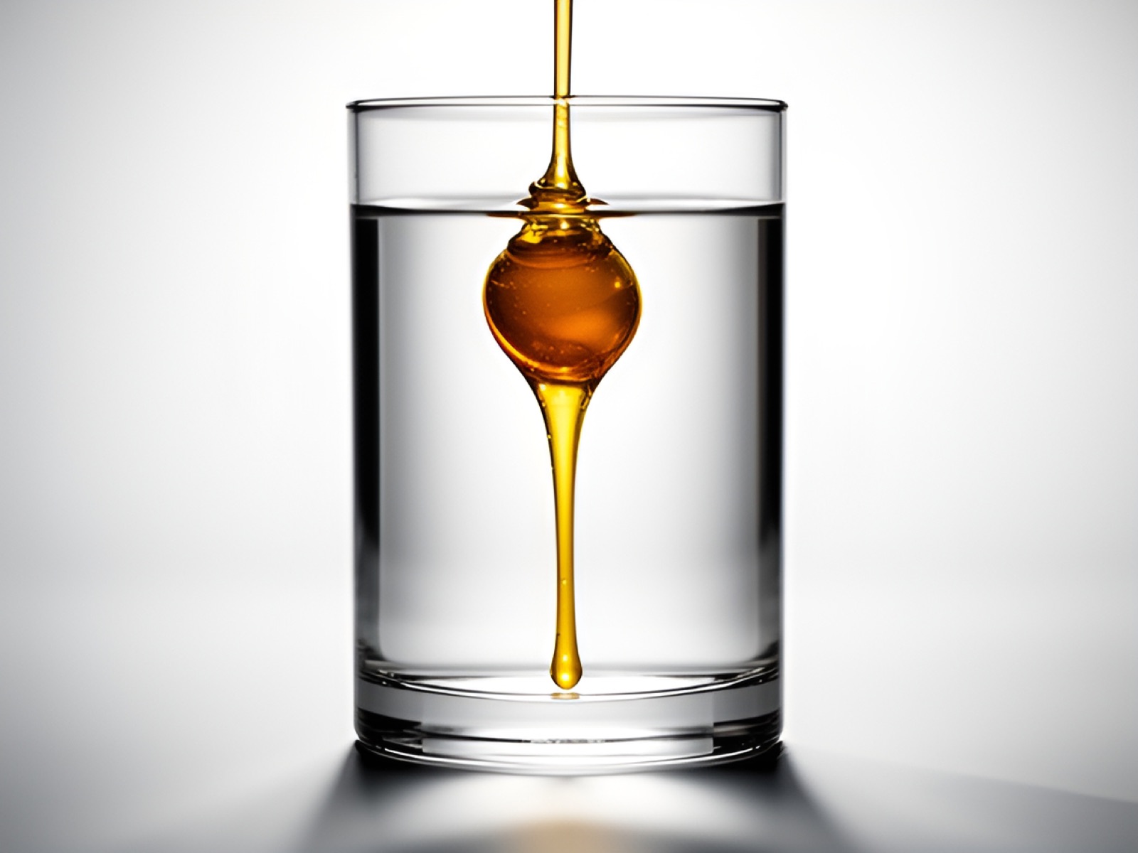 A thick thread of golden honey sinking through a glass of clear water