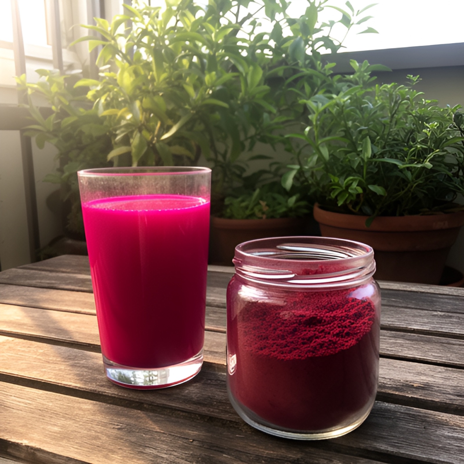 A glass of magenta beetroot drink next to a jar of beetroot powder on a balcony