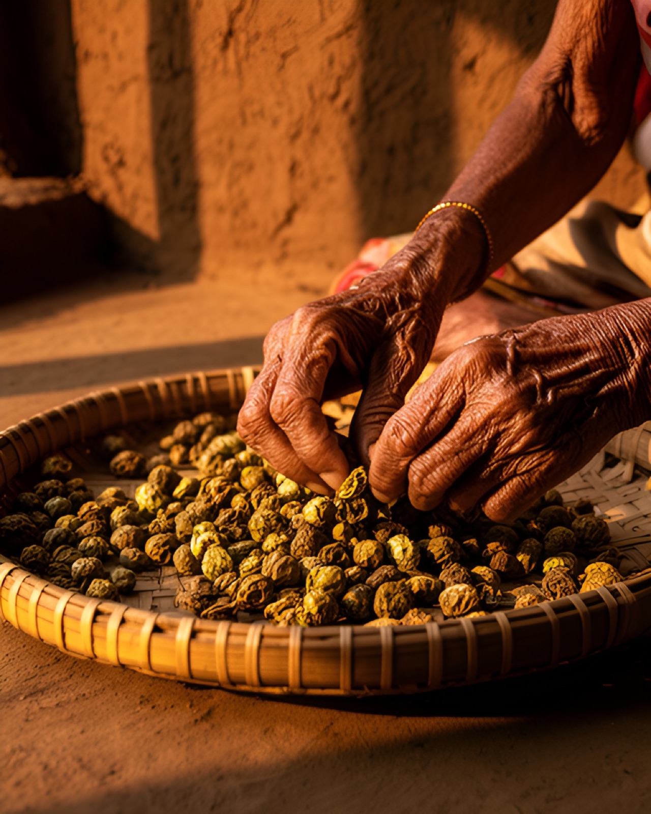 An elderly woman’s hands sorting sun-dried amla